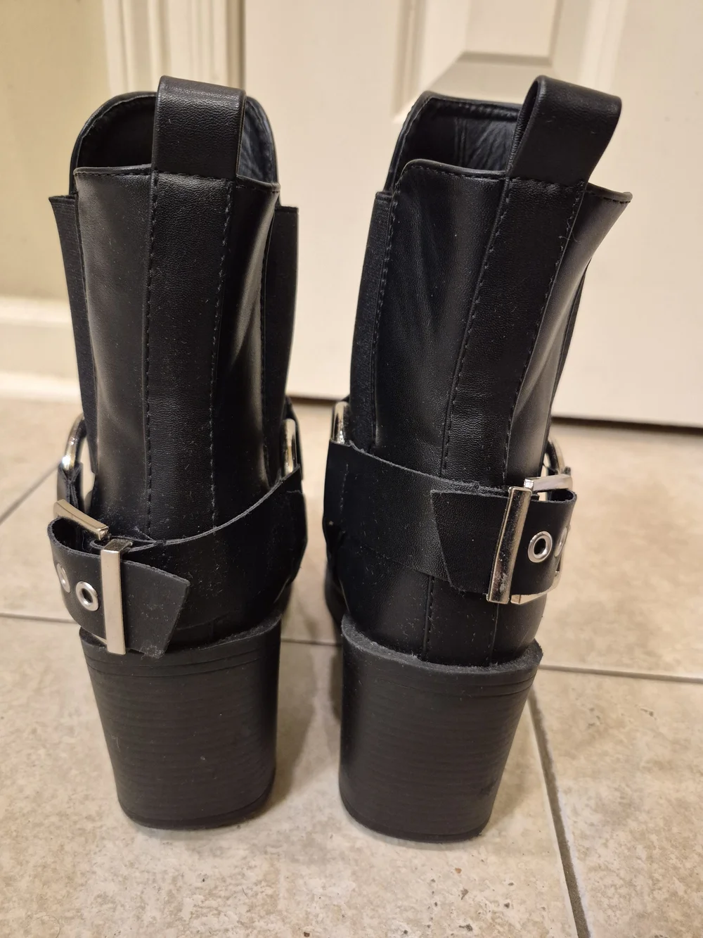 Women's Black Western Harness Ankle Boots with Block Heel
